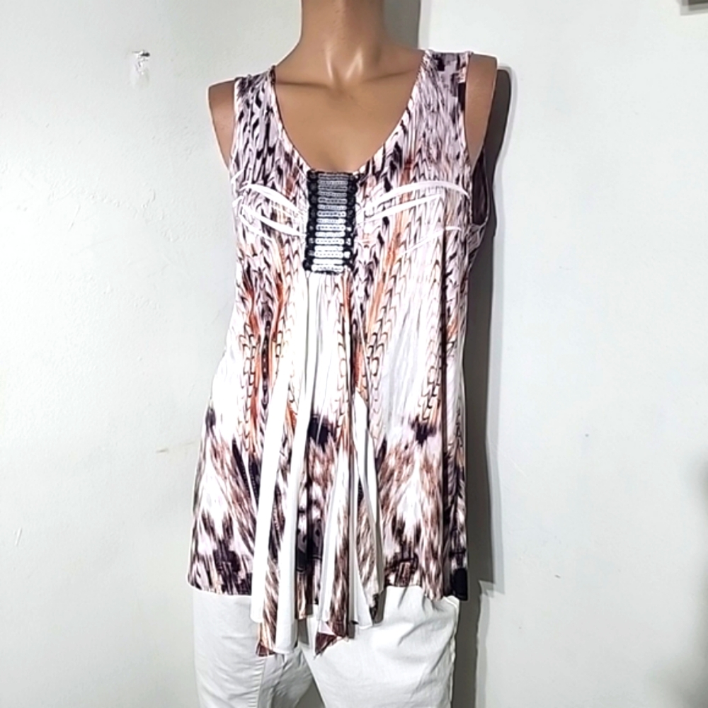World Unity Womens Abstract Sequins Sleeveless V Neck Blouse Size Medium